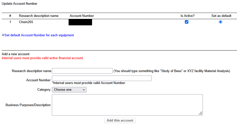 Options menu in the My Accounts tab